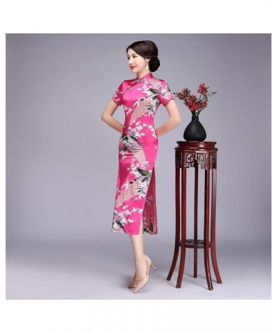 Peacock Print Long Qipao Chinese Style Dress Cheap Cheongam Rose Red $12.60 Dresses