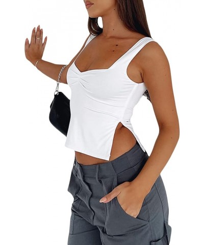 Women Sexy Low Cut Tank Top Ruched Bandage Camisloe Side Split Mini Y2k Tops Cropped Bustier Vest Going Out (Black, S) White ...