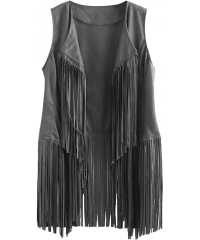 Women's Tassels Vest Sleeveless Cardigan Fringe Waistcoat Jacket 70s Hippie Faux Suede Outwear Tops for Autumn Winter Dark Gr...