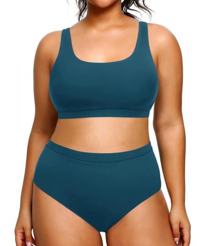 Plus Size Two Piece High Waisted Bikini Set Sport Scoop Neck Swimsuit Full Coverage Bathing Suit Blue $20.71 Swimsuits