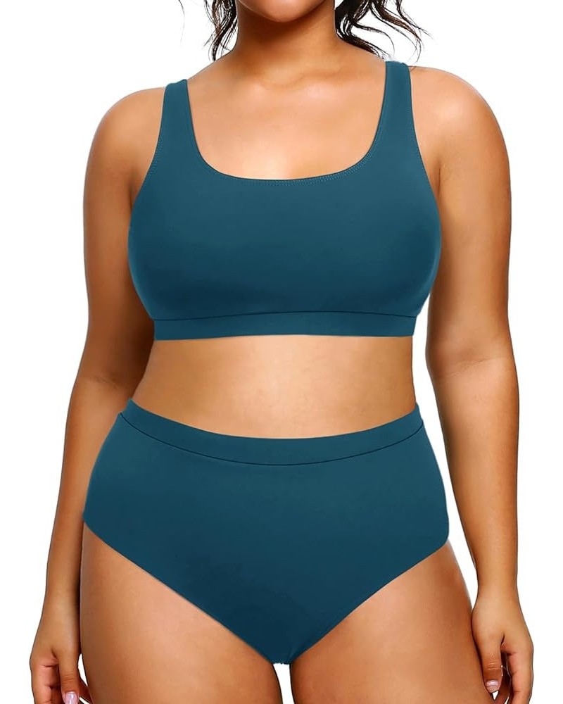 Plus Size Two Piece High Waisted Bikini Set Sport Scoop Neck Swimsuit Full Coverage Bathing Suit Blue $20.71 Swimsuits