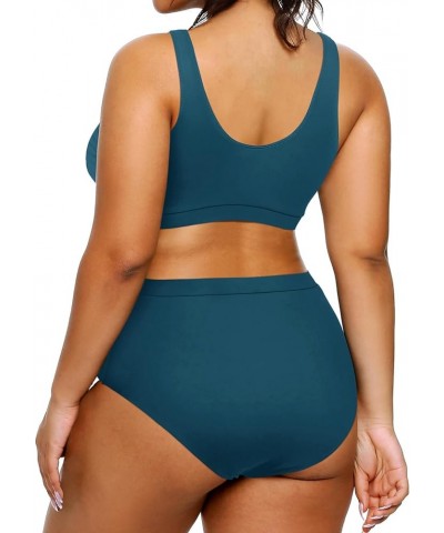 Plus Size Two Piece High Waisted Bikini Set Sport Scoop Neck Swimsuit Full Coverage Bathing Suit Blue $20.71 Swimsuits