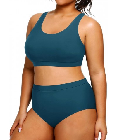 Plus Size Two Piece High Waisted Bikini Set Sport Scoop Neck Swimsuit Full Coverage Bathing Suit Blue $20.71 Swimsuits