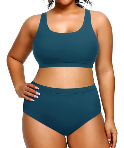 Plus Size Two Piece High Waisted Bikini Set Sport Scoop Neck Swimsuit Full Coverage Bathing Suit Blue $20.71 Swimsuits