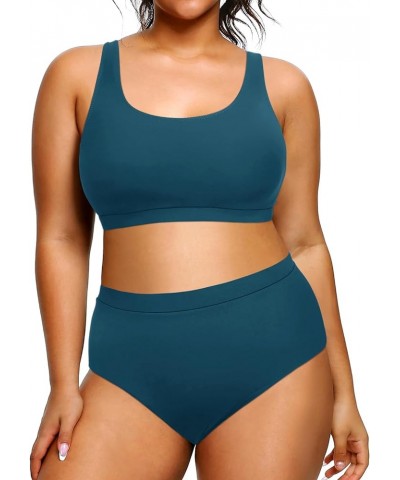 Plus Size Two Piece High Waisted Bikini Set Sport Scoop Neck Swimsuit Full Coverage Bathing Suit Blue $20.71 Swimsuits