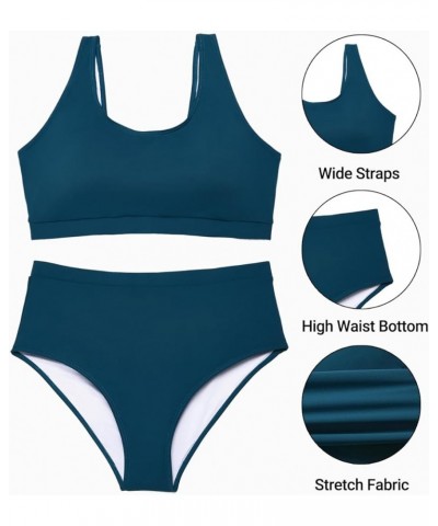 Plus Size Two Piece High Waisted Bikini Set Sport Scoop Neck Swimsuit Full Coverage Bathing Suit Blue $20.71 Swimsuits