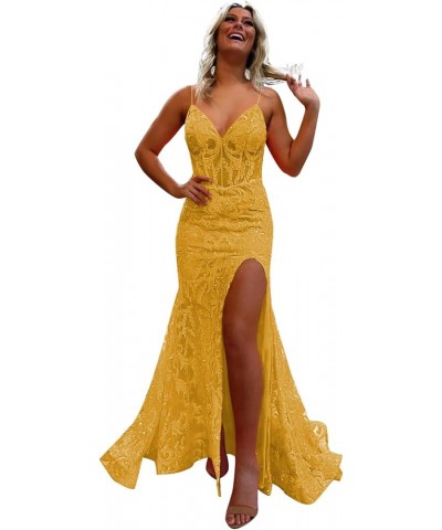 Women's Split Mermaid Prom Dresses Cocktail Long Dress V-Neck Spaghetti Straps Sequin Formal Evening Gowns 2023 Dusty Yellow ...