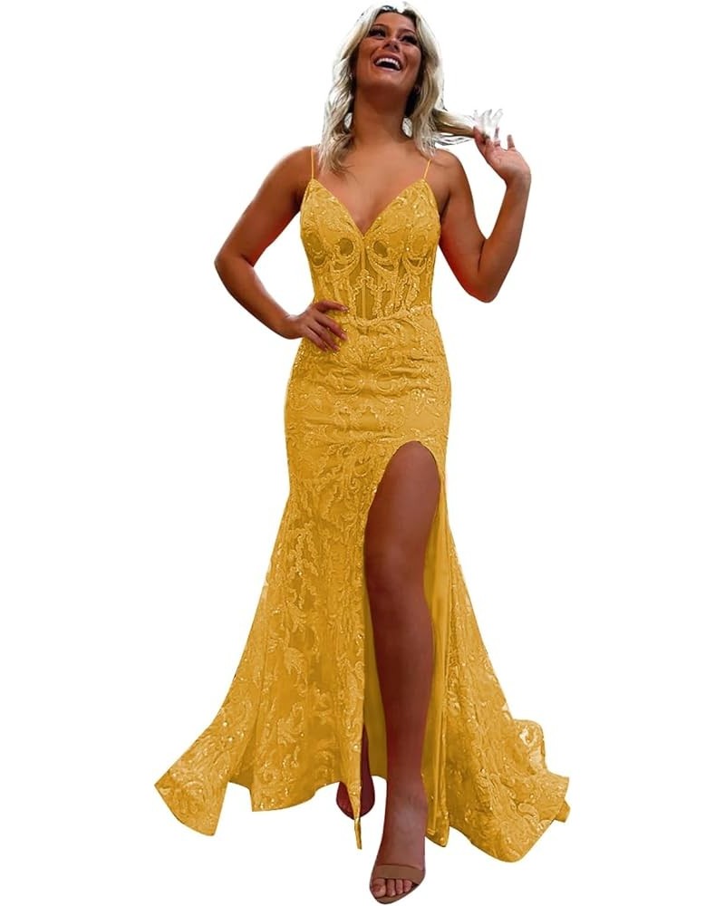 Women's Split Mermaid Prom Dresses Cocktail Long Dress V-Neck Spaghetti Straps Sequin Formal Evening Gowns 2023 Dusty Yellow ...