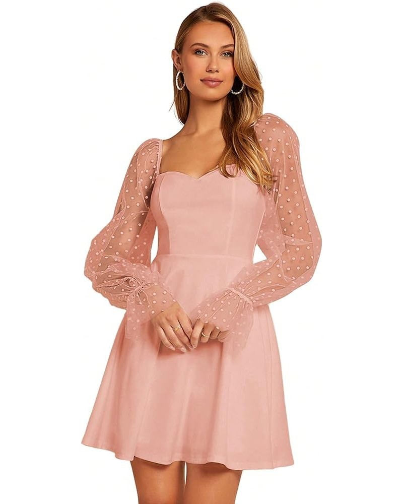 Women's Polka Dots Mesh Long Sleeve A Line Mini Flowy Wedding Guest Bridesmaid Dress Pink $27.82 Dresses