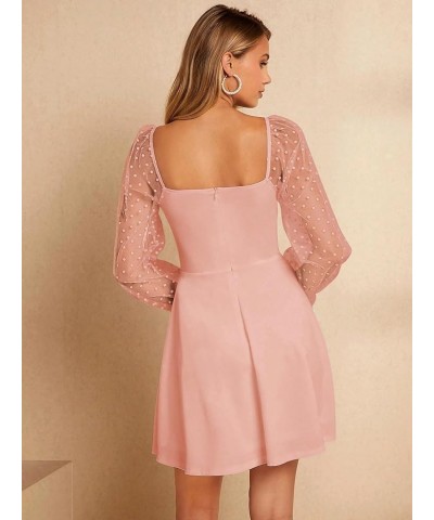 Women's Polka Dots Mesh Long Sleeve A Line Mini Flowy Wedding Guest Bridesmaid Dress Pink $27.82 Dresses