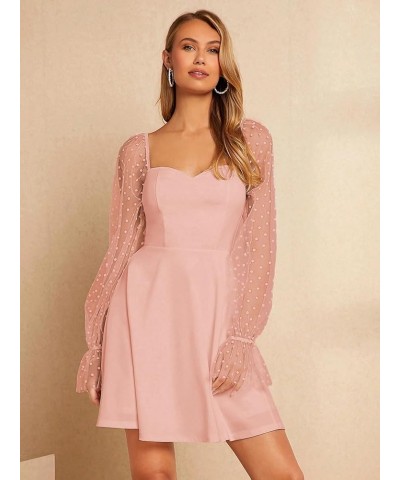 Women's Polka Dots Mesh Long Sleeve A Line Mini Flowy Wedding Guest Bridesmaid Dress Pink $27.82 Dresses