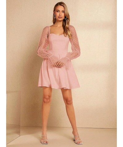 Women's Polka Dots Mesh Long Sleeve A Line Mini Flowy Wedding Guest Bridesmaid Dress Pink $27.82 Dresses