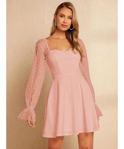 Women's Polka Dots Mesh Long Sleeve A Line Mini Flowy Wedding Guest Bridesmaid Dress Pink $27.82 Dresses