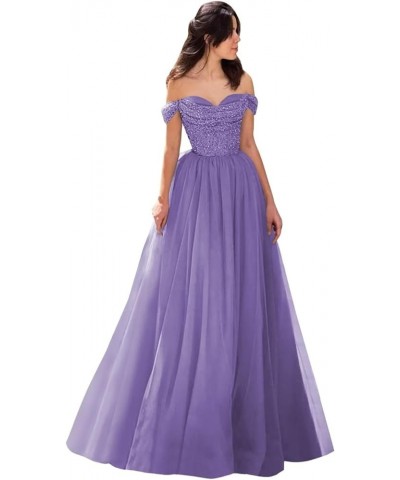 Off Shoulder Sequin Prom Dresses Tulle Ball Gowns Sparkly A Line Formal Evening Gowns for Women Lilac $35.28 Dresses