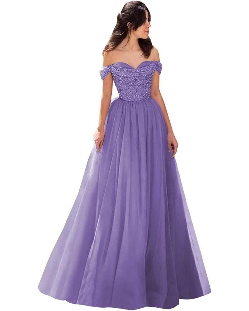 Off Shoulder Sequin Prom Dresses Tulle Ball Gowns Sparkly A Line Formal Evening Gowns for Women Lilac $35.28 Dresses