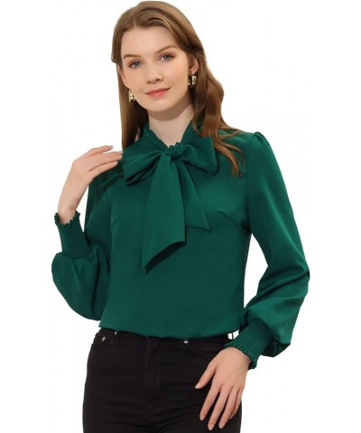 Women's Bow Tie Neck Blouse Long Sleeve Smocked Cuff Work Office Shirt Top Dark Green $13.79 Blouses