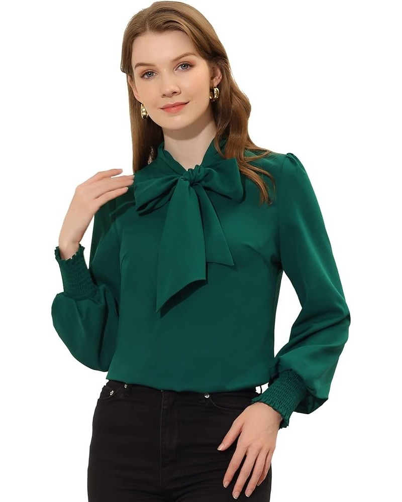 Women's Bow Tie Neck Blouse Long Sleeve Smocked Cuff Work Office Shirt Top Dark Green $13.79 Blouses