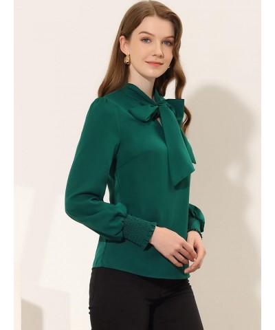 Women's Bow Tie Neck Blouse Long Sleeve Smocked Cuff Work Office Shirt Top Dark Green $13.79 Blouses