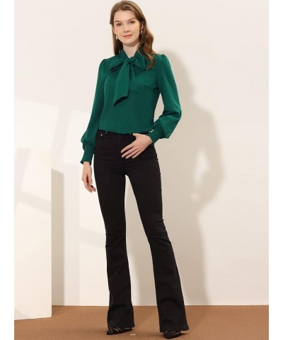 Women's Bow Tie Neck Blouse Long Sleeve Smocked Cuff Work Office Shirt Top Dark Green $13.79 Blouses