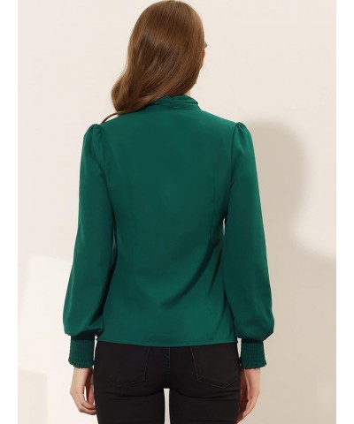 Women's Bow Tie Neck Blouse Long Sleeve Smocked Cuff Work Office Shirt Top Dark Green $13.79 Blouses