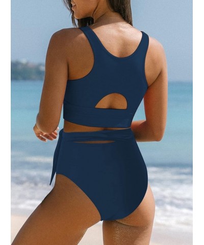 Women's High Waisted Bikini Set Crop Tank Top Tie Knot 2 Piece Bathing Suit Sea Blue $20.87 Swimsuits