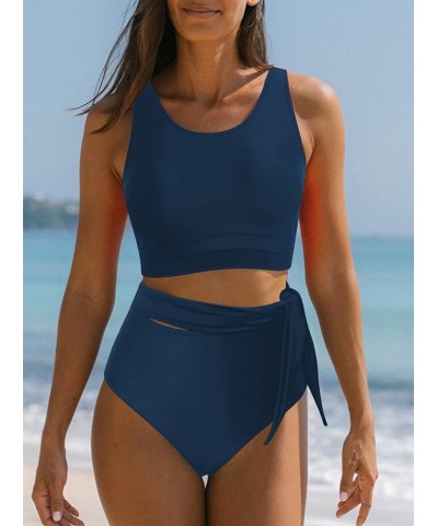 Women's High Waisted Bikini Set Crop Tank Top Tie Knot 2 Piece Bathing Suit Sea Blue $20.87 Swimsuits