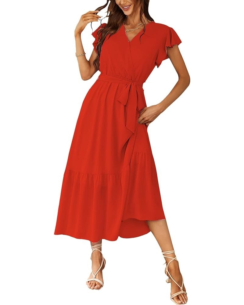 Women's 2024 Floral Boho Dress Wrap V Neck Short Sleeve Belted Ruffle Hem A-Line Flowy Maxi Dresses Solid Orange $23.03 Dresses