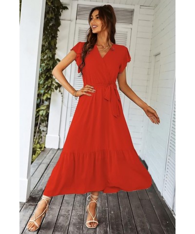 Women's 2024 Floral Boho Dress Wrap V Neck Short Sleeve Belted Ruffle Hem A-Line Flowy Maxi Dresses Solid Orange $23.03 Dresses