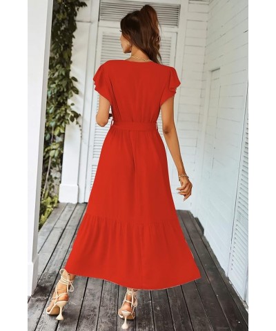 Women's 2024 Floral Boho Dress Wrap V Neck Short Sleeve Belted Ruffle Hem A-Line Flowy Maxi Dresses Solid Orange $23.03 Dresses