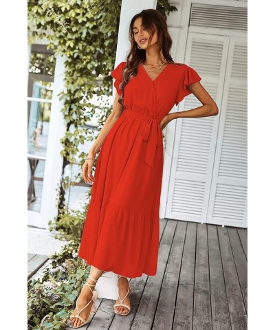 Women's 2024 Floral Boho Dress Wrap V Neck Short Sleeve Belted Ruffle Hem A-Line Flowy Maxi Dresses Solid Orange $23.03 Dresses