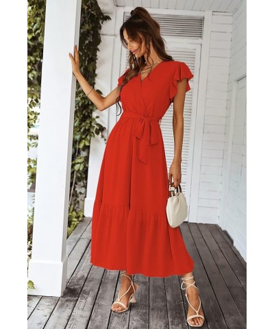 Women's 2024 Floral Boho Dress Wrap V Neck Short Sleeve Belted Ruffle Hem A-Line Flowy Maxi Dresses Solid Orange $23.03 Dresses