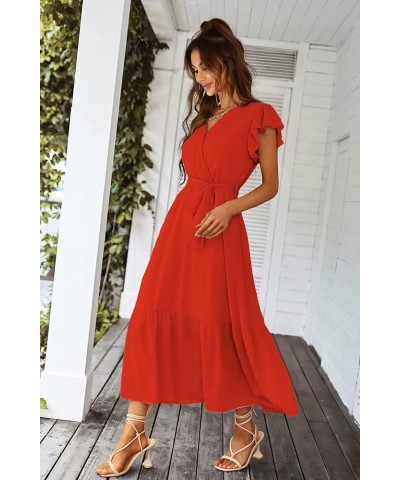 Women's 2024 Floral Boho Dress Wrap V Neck Short Sleeve Belted Ruffle Hem A-Line Flowy Maxi Dresses Solid Orange $23.03 Dresses