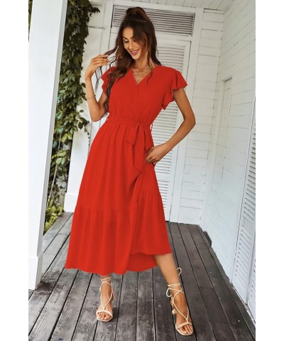 Women's 2024 Floral Boho Dress Wrap V Neck Short Sleeve Belted Ruffle Hem A-Line Flowy Maxi Dresses Solid Orange $23.03 Dresses