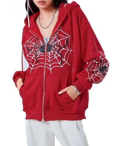 Y2k Full Zip Up Hoodie Women Oversized Goth Sweatshirt E-Girl Rhinestone Long Sleeve Graphic Jacket Streetwear -36-red $10.87...