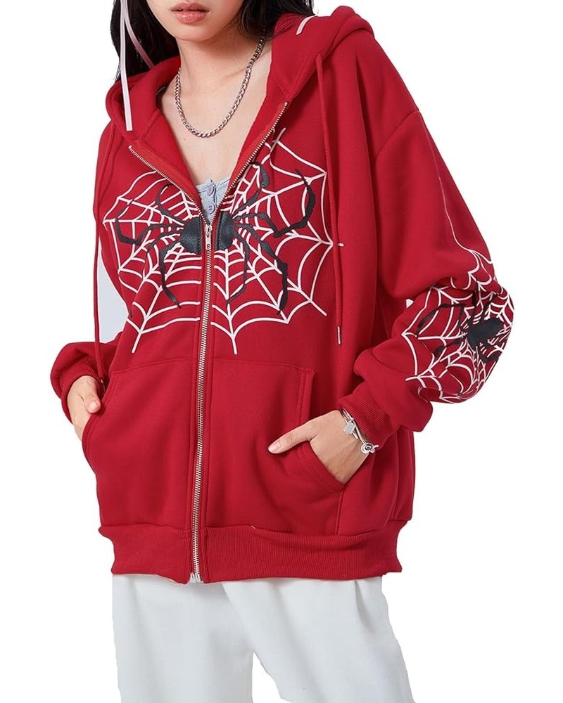 Y2k Full Zip Up Hoodie Women Oversized Goth Sweatshirt E-Girl Rhinestone Long Sleeve Graphic Jacket Streetwear -36-red $10.87...