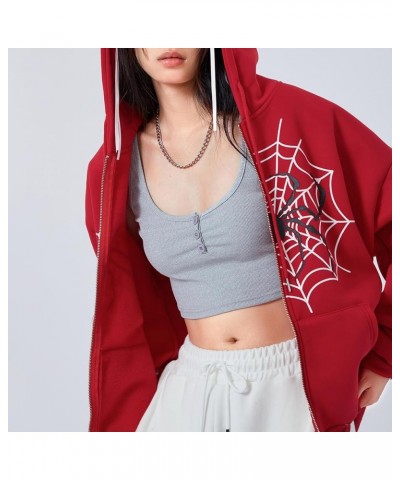 Y2k Full Zip Up Hoodie Women Oversized Goth Sweatshirt E-Girl Rhinestone Long Sleeve Graphic Jacket Streetwear -36-red $10.87...