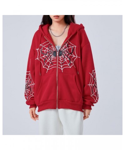 Y2k Full Zip Up Hoodie Women Oversized Goth Sweatshirt E-Girl Rhinestone Long Sleeve Graphic Jacket Streetwear -36-red $10.87...