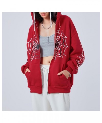 Y2k Full Zip Up Hoodie Women Oversized Goth Sweatshirt E-Girl Rhinestone Long Sleeve Graphic Jacket Streetwear -36-red $10.87...