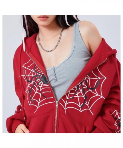 Y2k Full Zip Up Hoodie Women Oversized Goth Sweatshirt E-Girl Rhinestone Long Sleeve Graphic Jacket Streetwear -36-red $10.87...