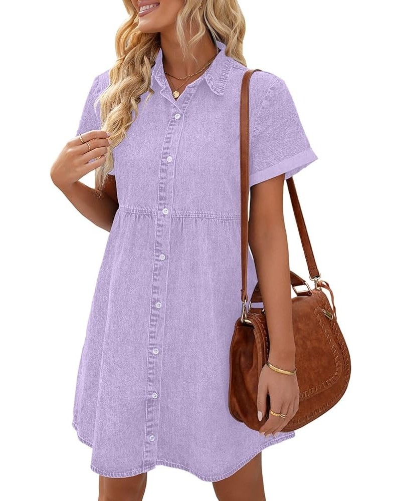 Women's Short Sleeve Button Down Flowy Tiered Babydoll Denim Dress Lavender $25.99 Dresses