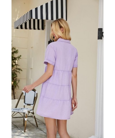 Women's Short Sleeve Button Down Flowy Tiered Babydoll Denim Dress Lavender $25.99 Dresses