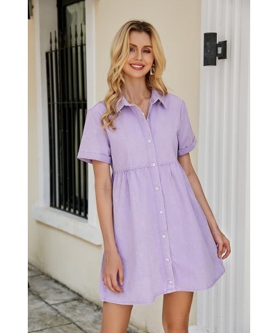 Women's Short Sleeve Button Down Flowy Tiered Babydoll Denim Dress Lavender $25.99 Dresses