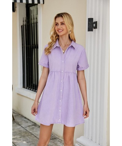 Women's Short Sleeve Button Down Flowy Tiered Babydoll Denim Dress Lavender $25.99 Dresses