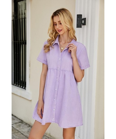 Women's Short Sleeve Button Down Flowy Tiered Babydoll Denim Dress Lavender $25.99 Dresses