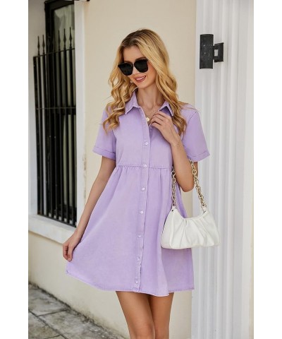 Women's Short Sleeve Button Down Flowy Tiered Babydoll Denim Dress Lavender $25.99 Dresses