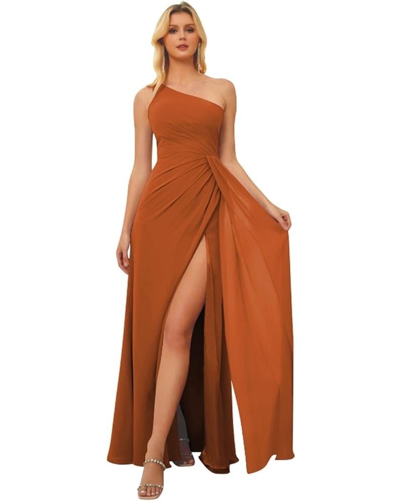 Women's One Shoulder Bridesmaid Dresses Long A Line Ruched Chiffon Formal Dress with Slit TS001 Burnt Orange $30.77 Dresses