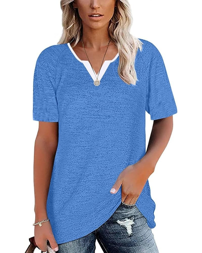 Womens Summer Tops V Neck Short Sleeve Shirts Casual Striped Color Block Tshirt Casual Loose Tunic Tees 01-blue a $7.94 Tops