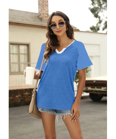 Womens Summer Tops V Neck Short Sleeve Shirts Casual Striped Color Block Tshirt Casual Loose Tunic Tees 01-blue a $7.94 Tops