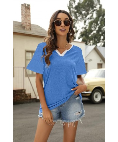 Womens Summer Tops V Neck Short Sleeve Shirts Casual Striped Color Block Tshirt Casual Loose Tunic Tees 01-blue a $7.94 Tops