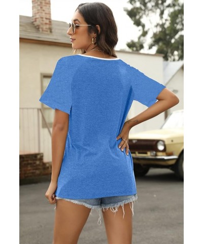 Womens Summer Tops V Neck Short Sleeve Shirts Casual Striped Color Block Tshirt Casual Loose Tunic Tees 01-blue a $7.94 Tops